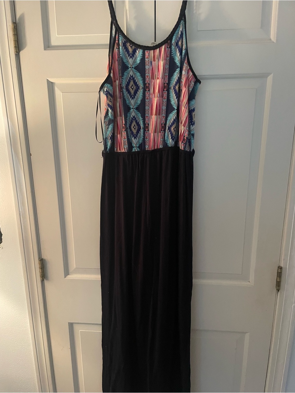 Pink Rose Black-Neckline Maxi with Multicolor Aztec Bodice